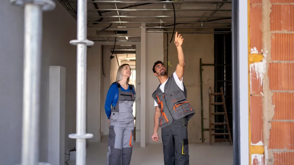 Engenheiros inspecionando estrutura de forro para instalação de drywall em obra residencial.